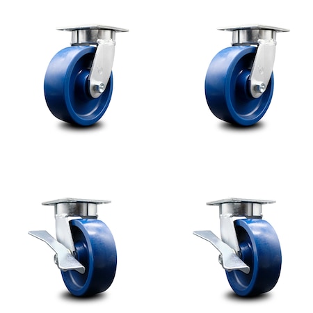 Service Caster 6 Inch Kingpinless Solid Poly Wheel Swivel Caster Set with 2 Brakes SCC SCC-KP30S620-SPUR-2-SLB-2